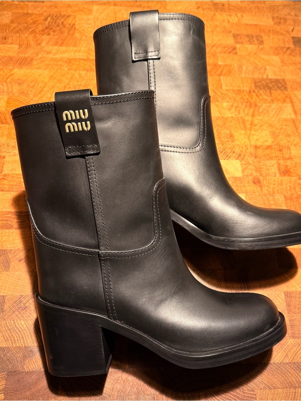 Miu Miu | Black Leather Mid-Calf Moto Boots NIB